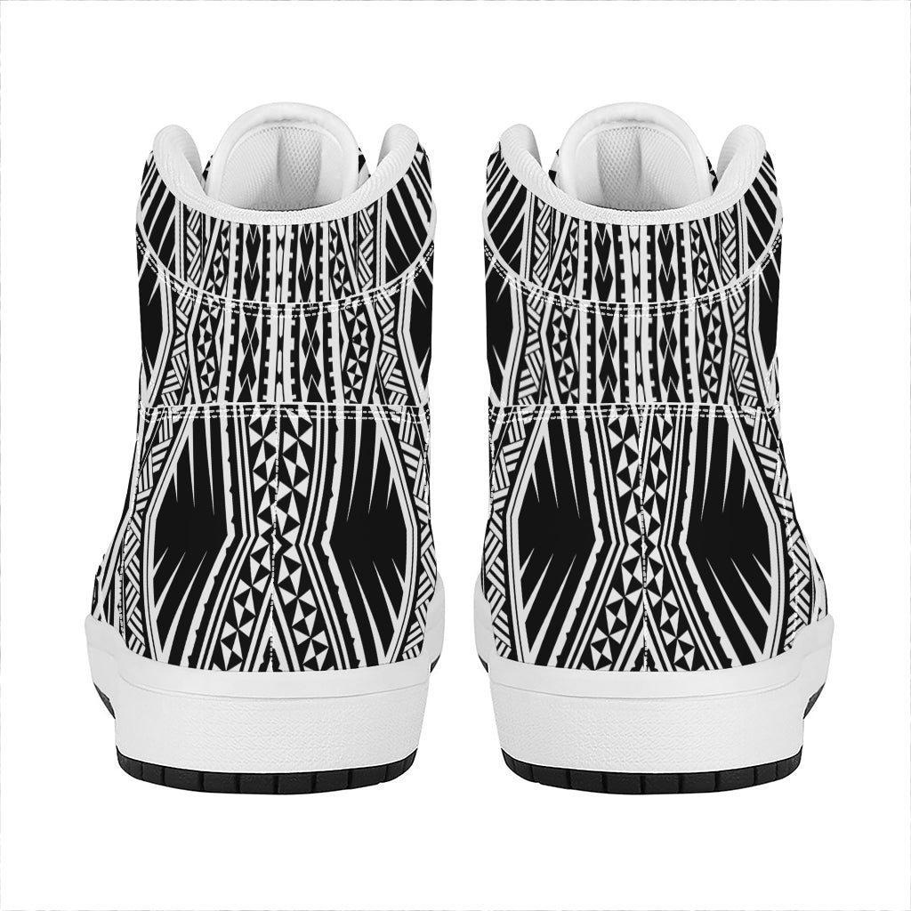 Black And White Maori Tattoo Print High Top Leather Sneakers