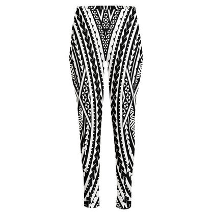 Black And White Maori Tattoo Print High-Waisted Pocket Leggings
