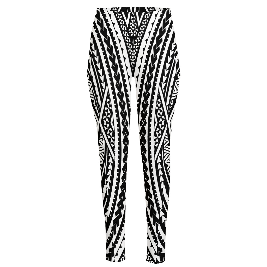 Black And White Maori Tattoo Print High-Waisted Pocket Leggings