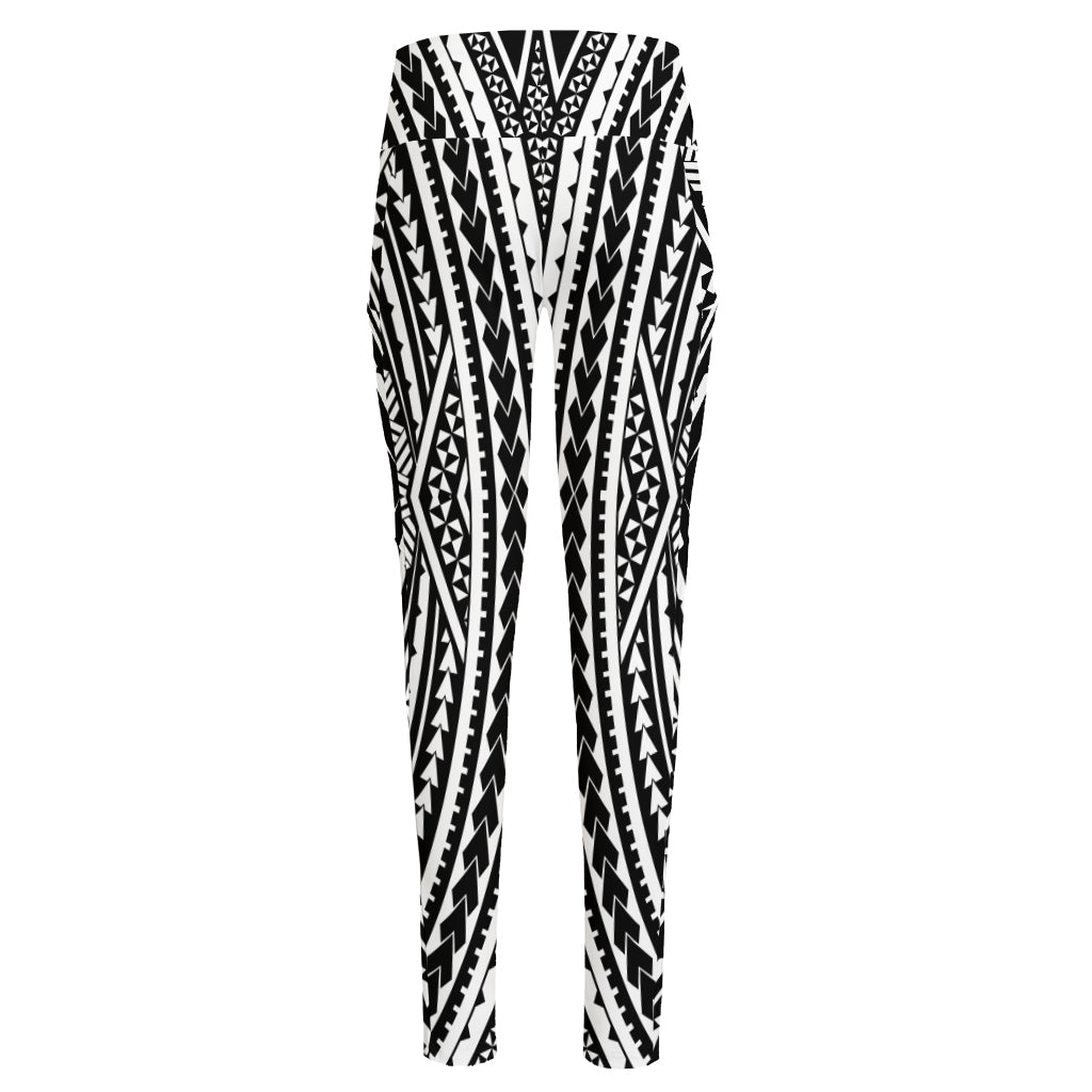 Black And White Maori Tattoo Print High-Waisted Pocket Leggings