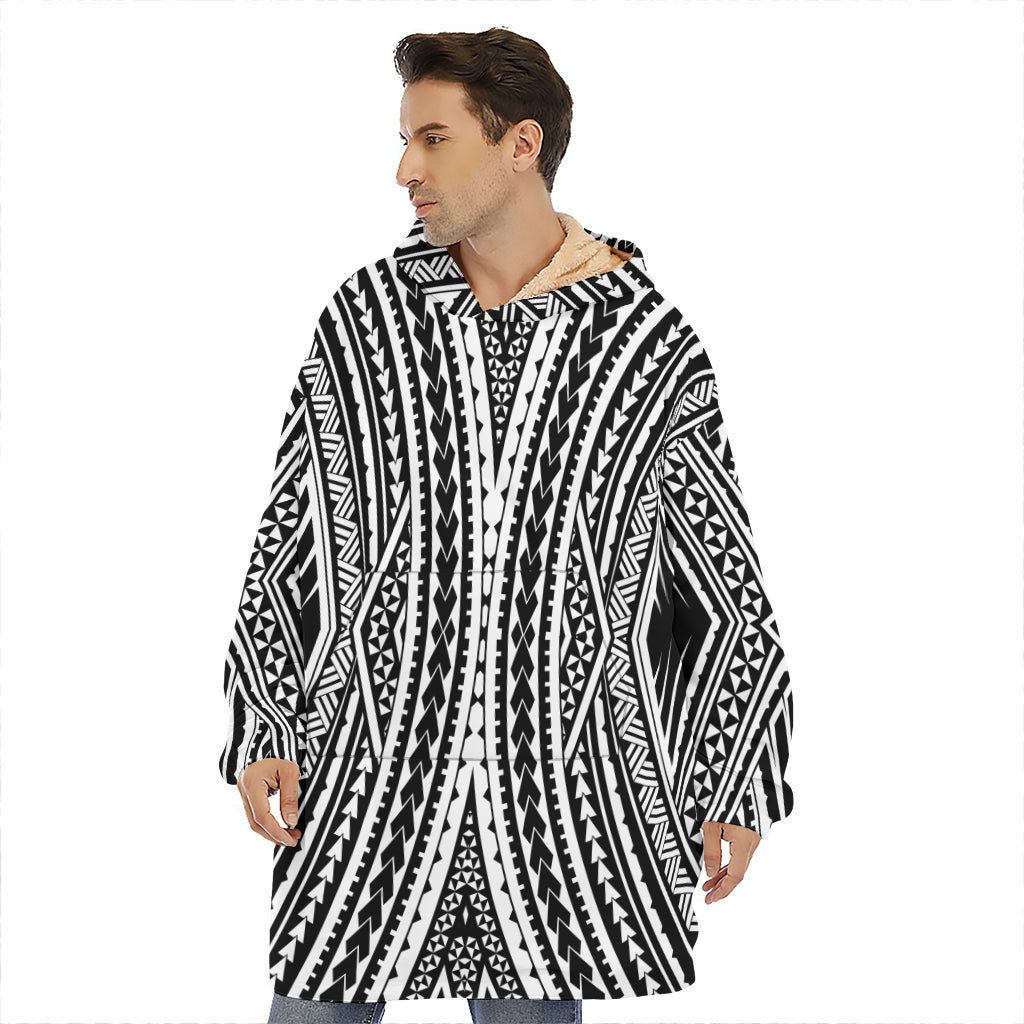 Black And White Maori Tattoo Print Hoodie Blanket