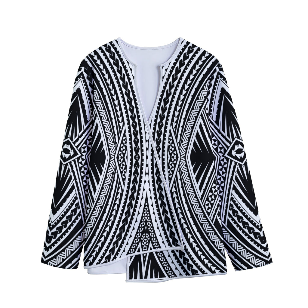 Black And White Maori Tattoo Print Long Sleeve Short Coat