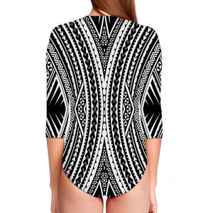 Black And White Maori Tattoo Print Long Sleeve Swimsuit