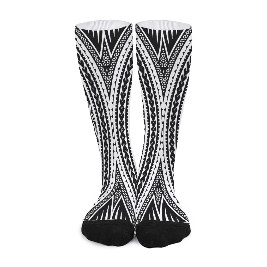 Black And White Maori Tattoo Print Long Socks