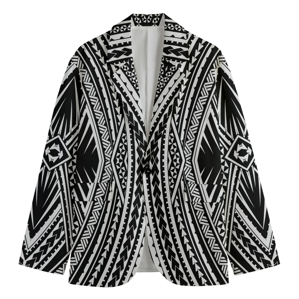 Black And White Maori Tattoo Print Men's Cotton Blazer