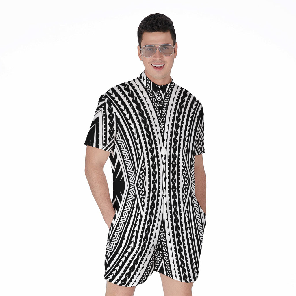 Black And White Maori Tattoo Print Men's Rompers