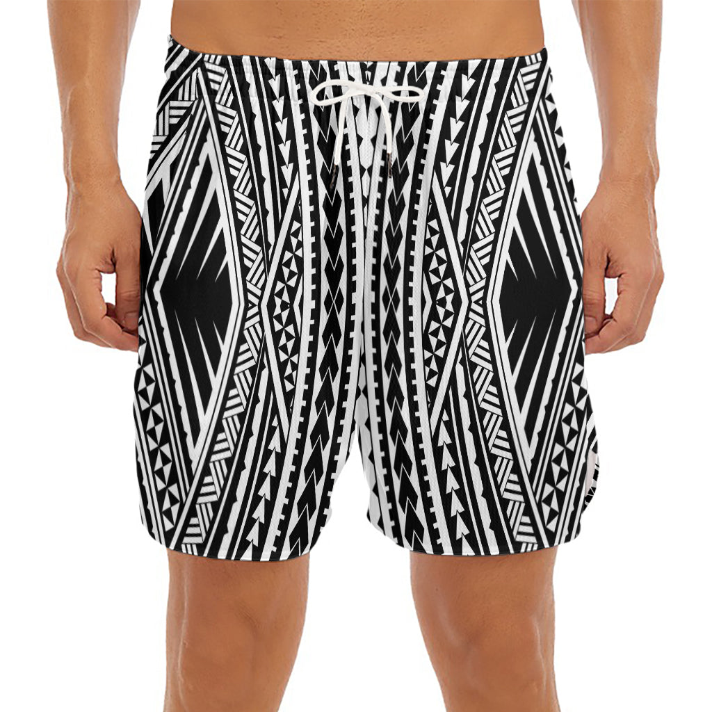 Black And White Maori Tattoo Print Men's Split Running Shorts