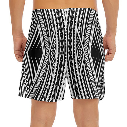 Black And White Maori Tattoo Print Men's Split Running Shorts