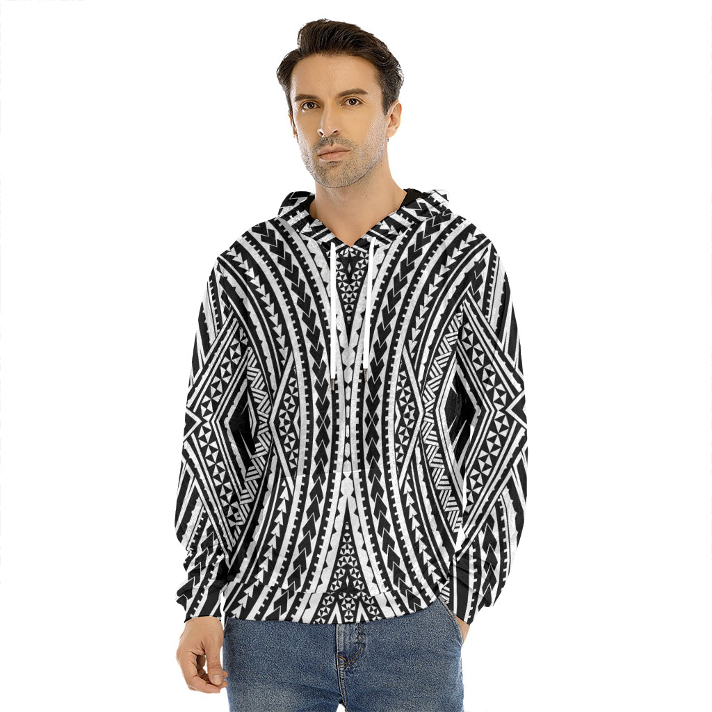 Black And White Maori Tattoo Print Men's Velvet Pullover Hoodie