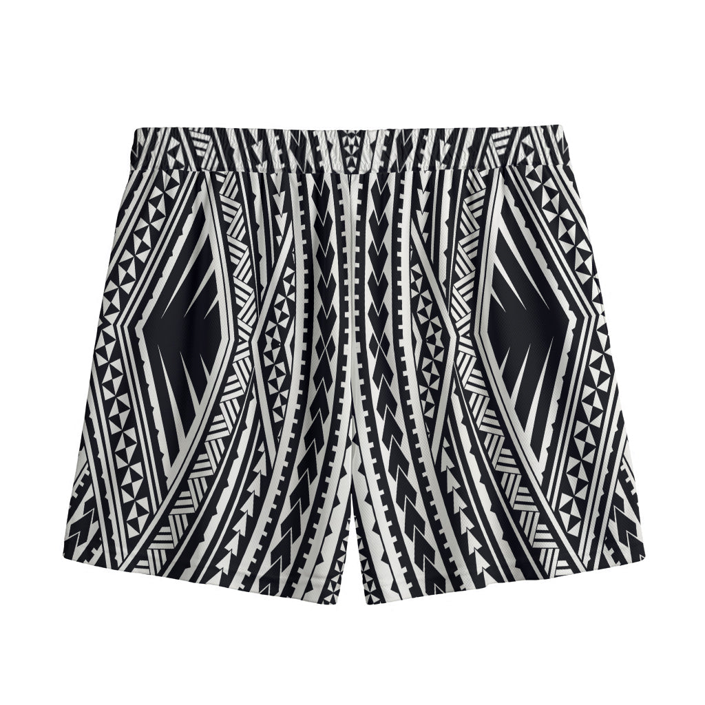 Black And White Maori Tattoo Print Mesh Shorts