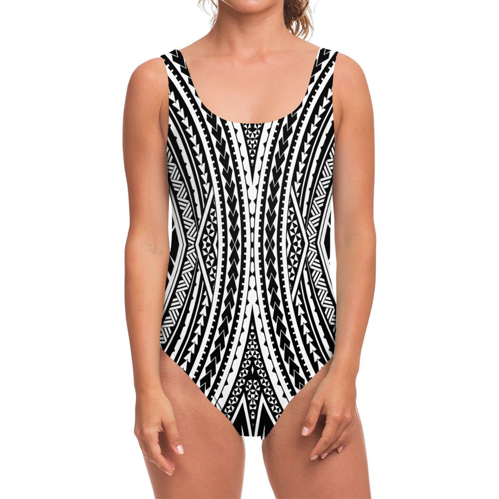 Black And White Maori Tattoo Print One Piece Swimsuit