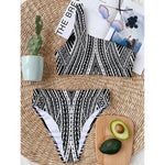 Black And White Maori Tattoo Print One Shoulder Bikini Top