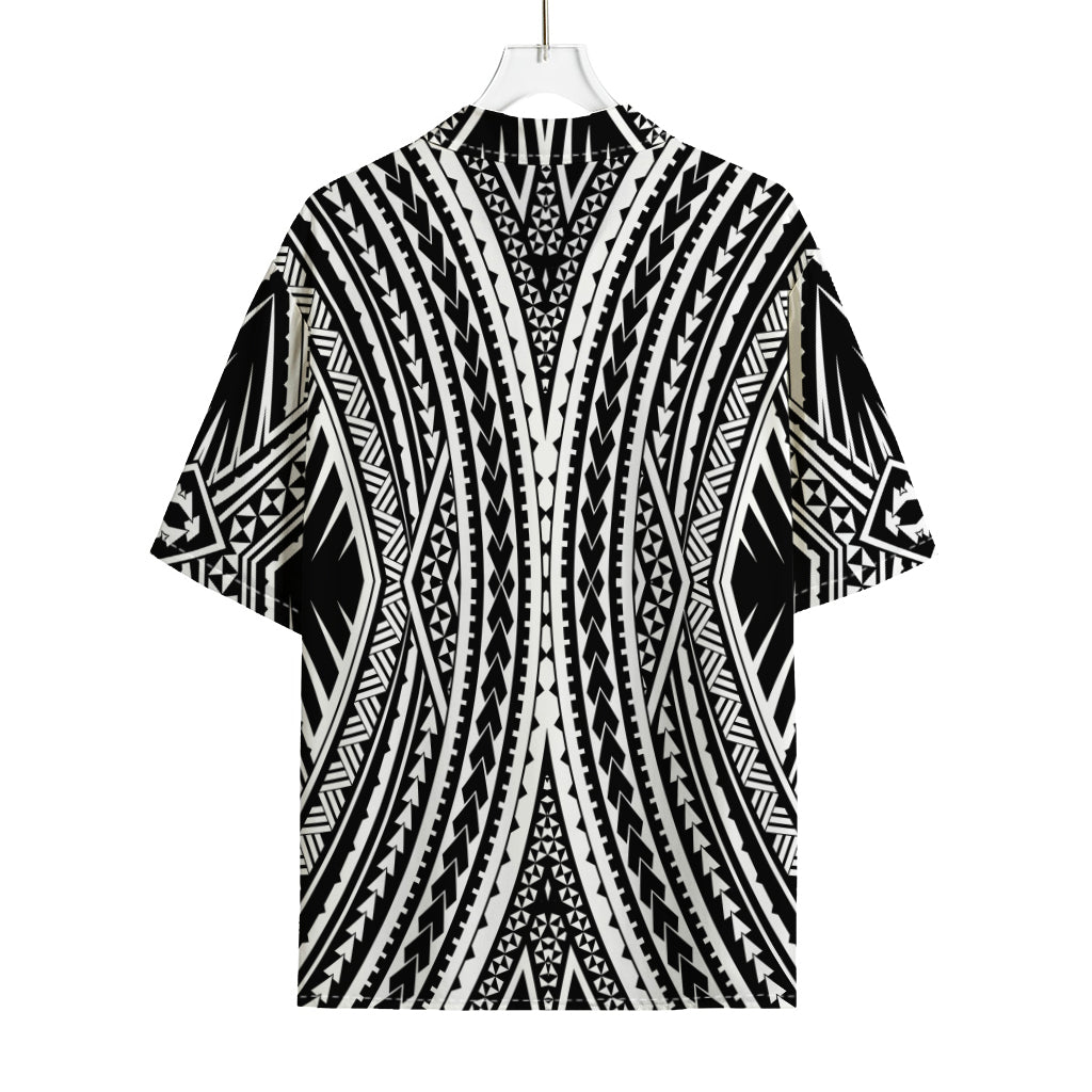 Black And White Maori Tattoo Print Rayon Hawaiian Shirt