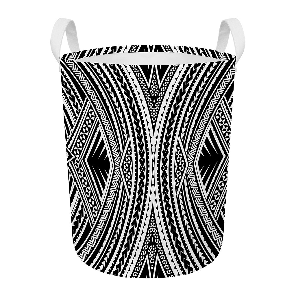 Black And White Maori Tattoo Print Round Laundry Basket