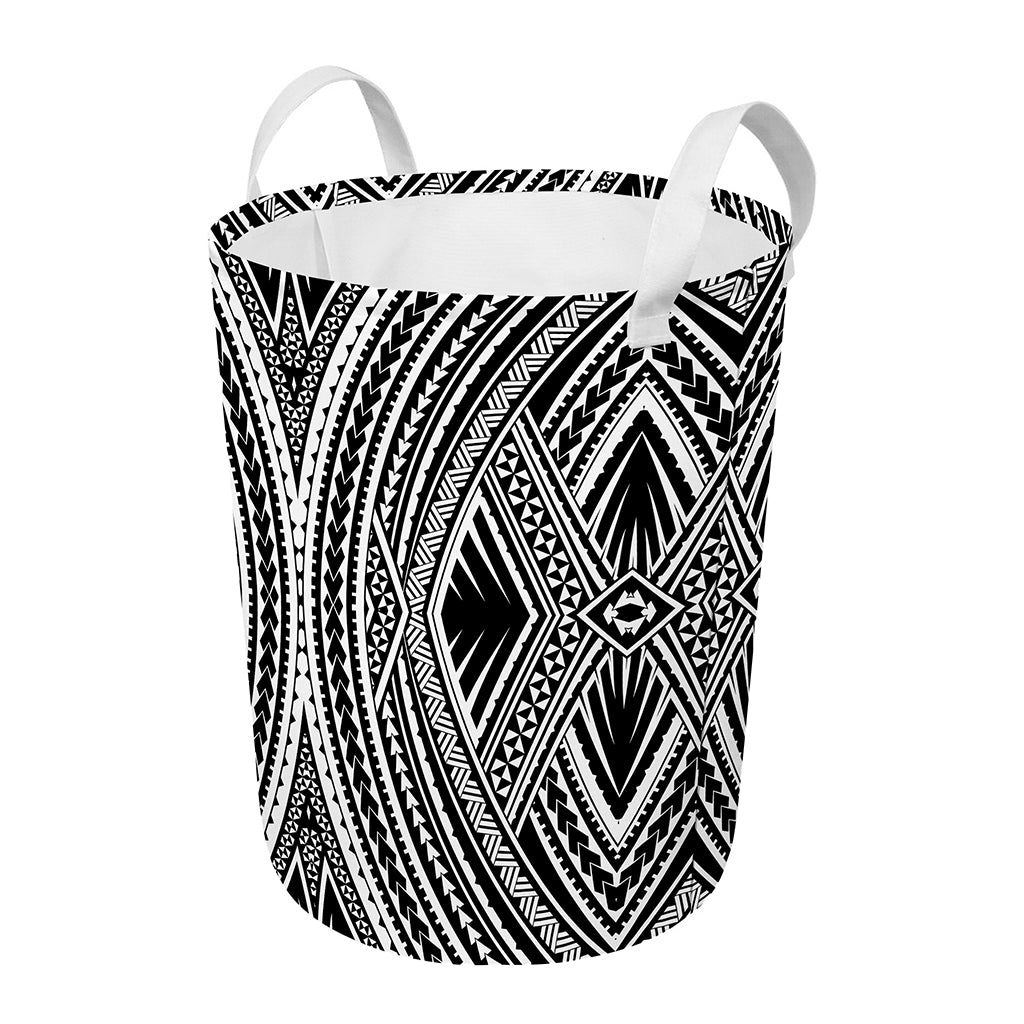 Black And White Maori Tattoo Print Round Laundry Basket