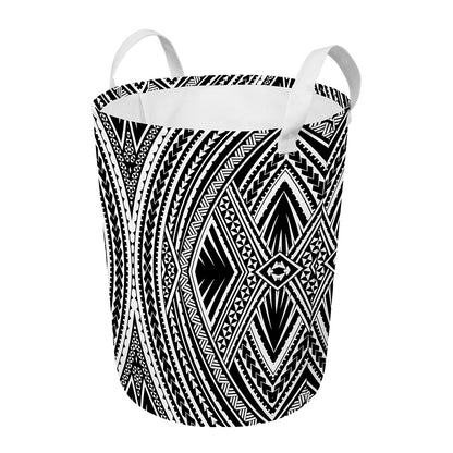 Black And White Maori Tattoo Print Round Laundry Basket