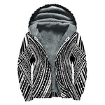 Black And White Maori Tattoo Print Sherpa Lined Zip Up Hoodie