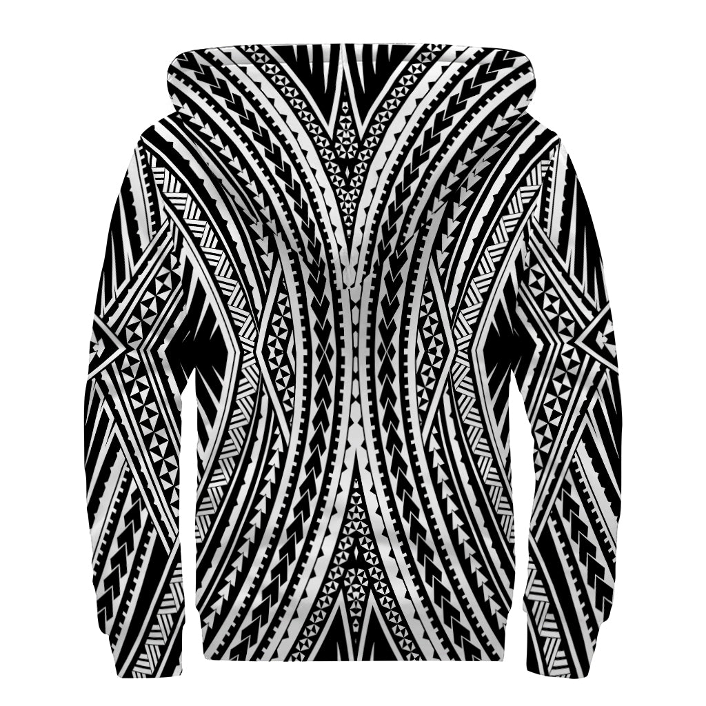 Black And White Maori Tattoo Print Sherpa Lined Zip Up Hoodie