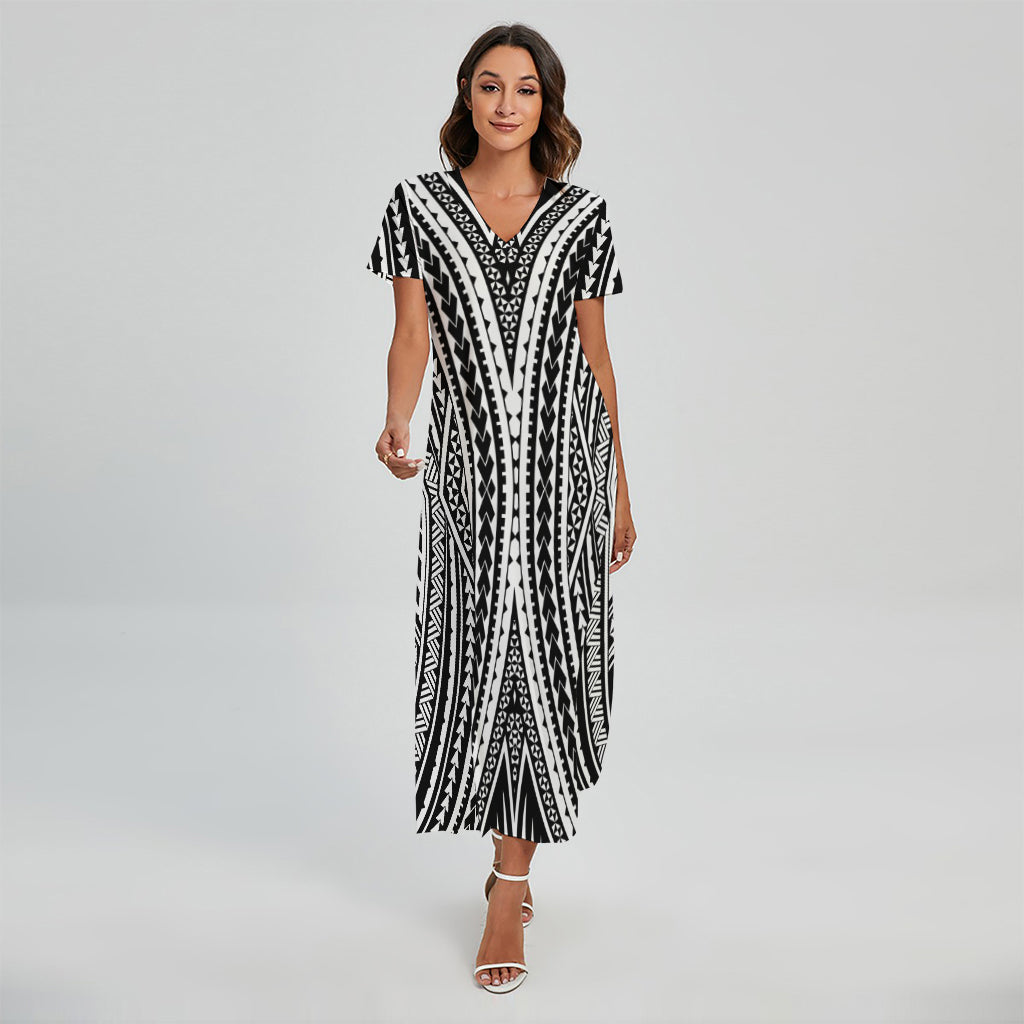 Black And White Maori Tattoo Print Short Sleeve Maxi Dress