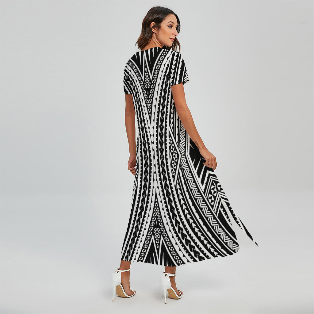 Black And White Maori Tattoo Print Short Sleeve Maxi Dress