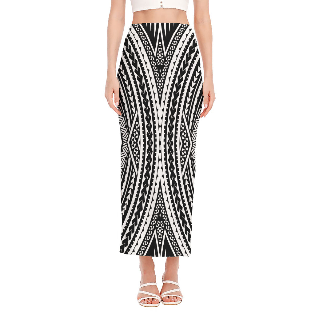 Black And White Maori Tattoo Print Side Slit Maxi Skirt