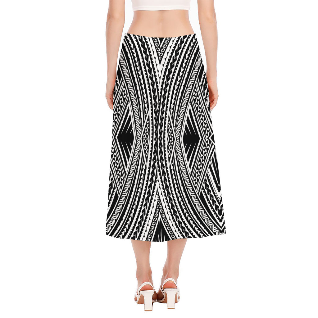 Black And White Maori Tattoo Print Side Slit Midi Skirt