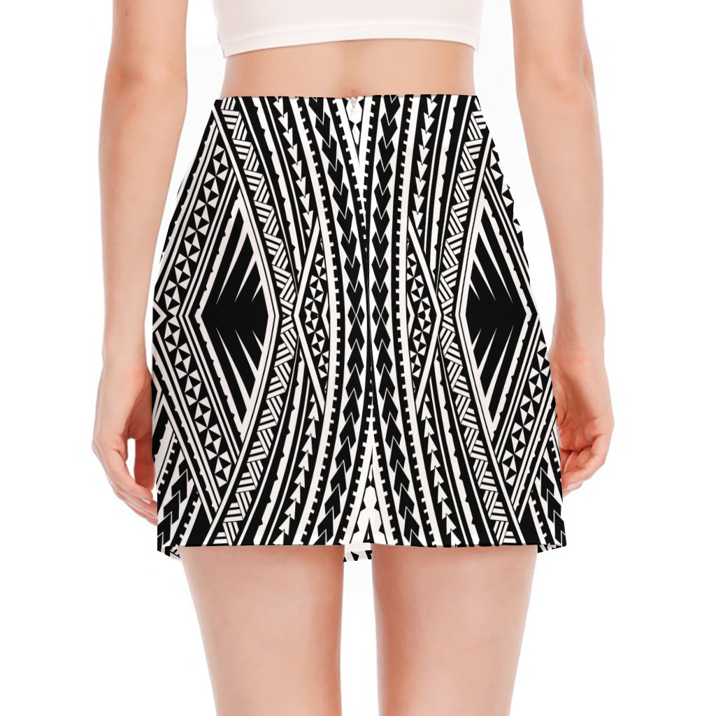 Black And White Maori Tattoo Print Side Slit Mini Skirt