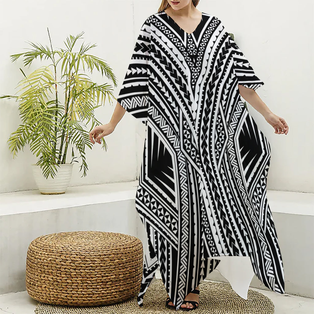 Black And White Maori Tattoo Print Silk V-Neck Kaftan Dress