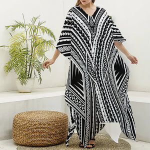 Black And White Maori Tattoo Print Silk V-Neck Kaftan Dress