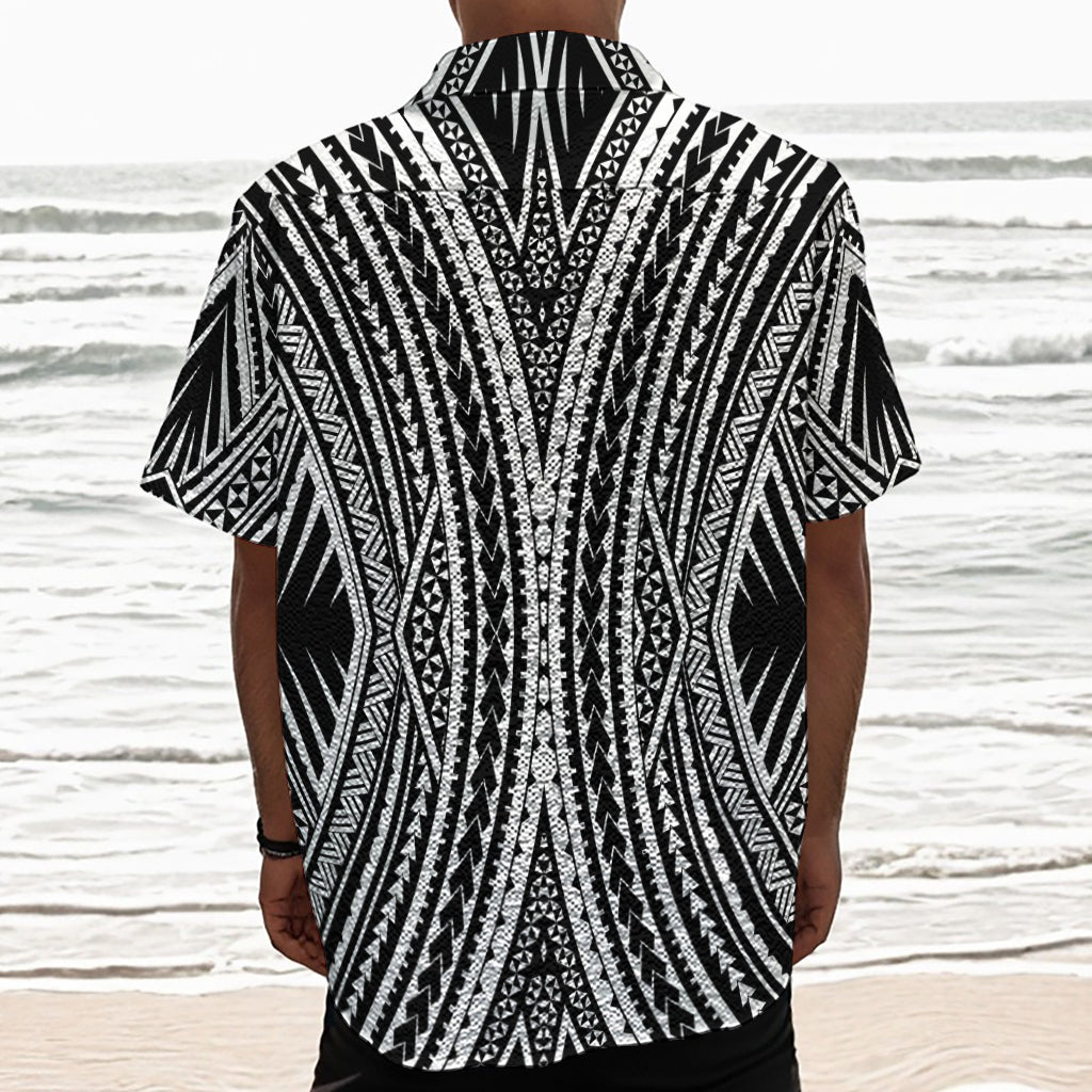 Black And White Maori Tattoo Print Textured Short Sleeve Shirt