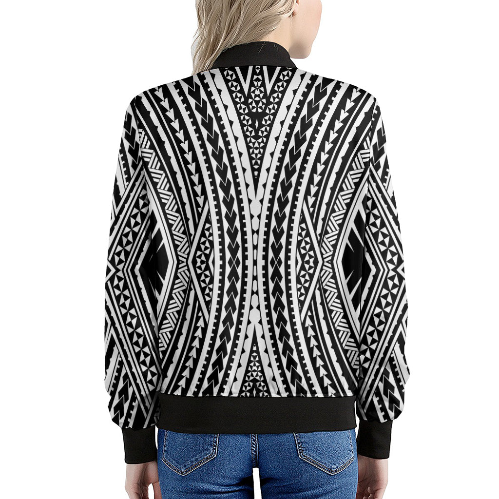 Black And White Maori Tattoo Print Women's Bomber Jacket