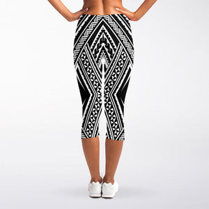 Black And White Maori Tattoo Print Women's Capri Leggings