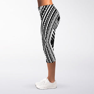 Black And White Maori Tattoo Print Women's Capri Leggings