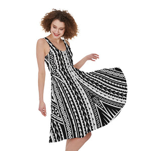 Black And White Maori Tattoo Print Women's Sleeveless Dress