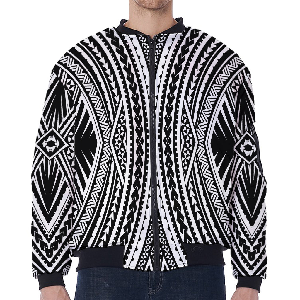 Black And White Maori Tattoo Print Zip Sleeve Bomber Jacket