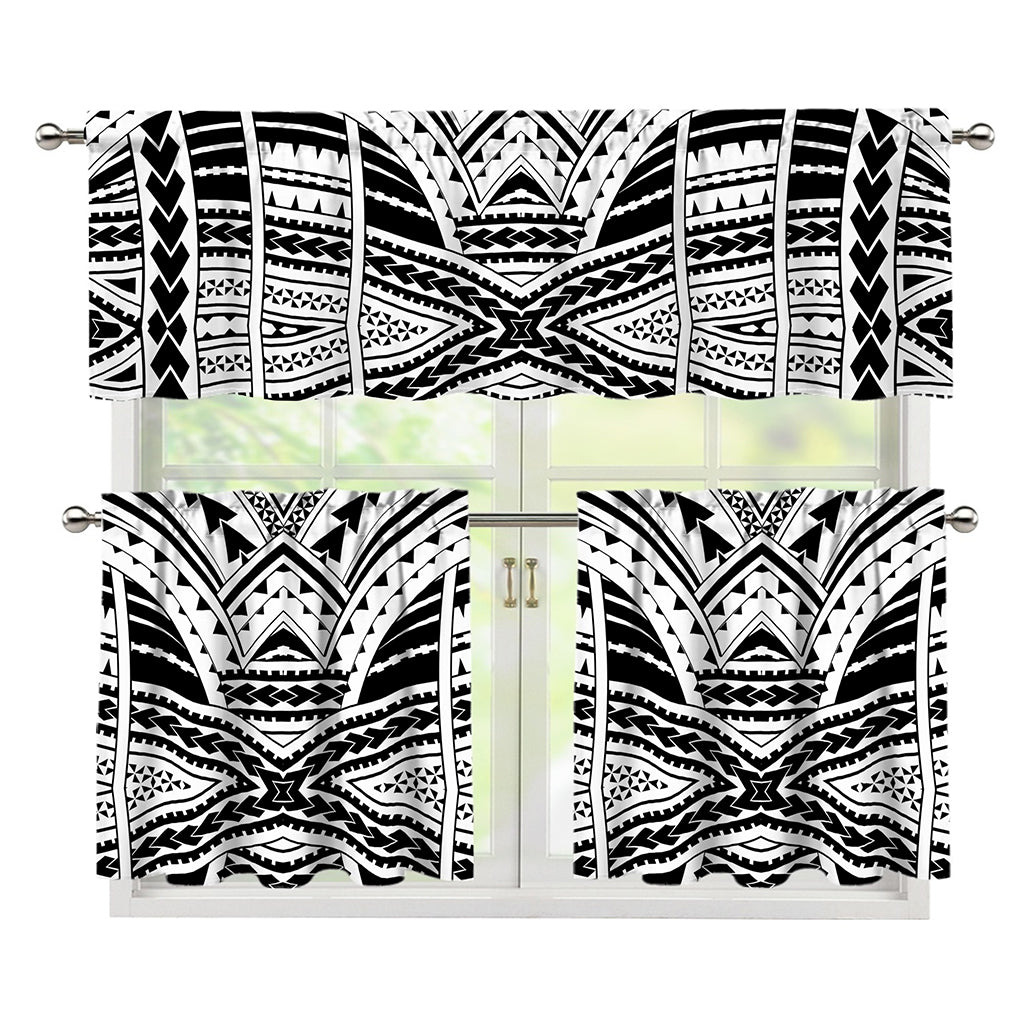 Black And White Maori Tribal Print 3 Piece Kitchen Curtains