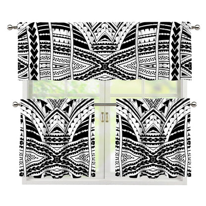 Black And White Maori Tribal Print 3 Piece Kitchen Curtains