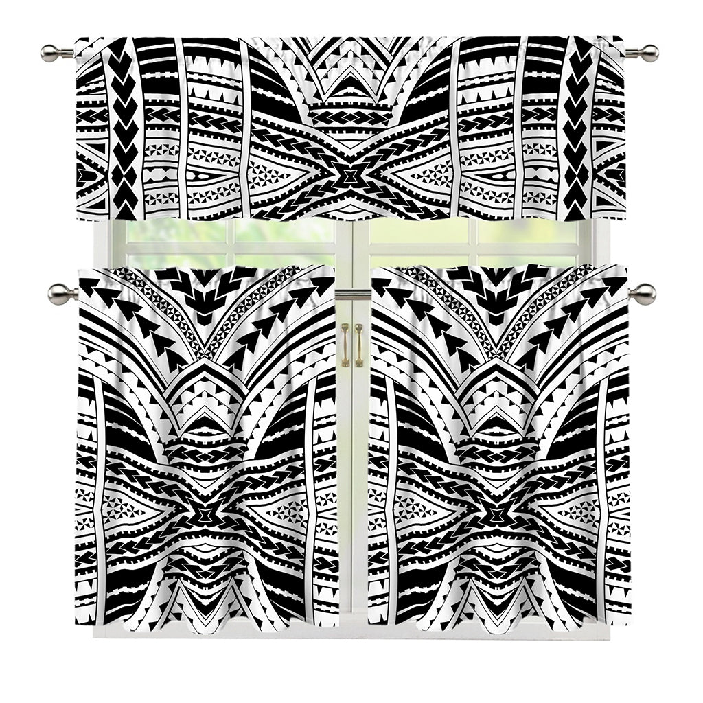Black And White Maori Tribal Print 3 Piece Kitchen Curtains