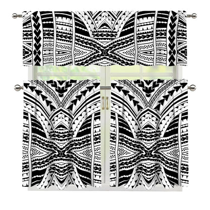 Black And White Maori Tribal Print 3 Piece Kitchen Curtains