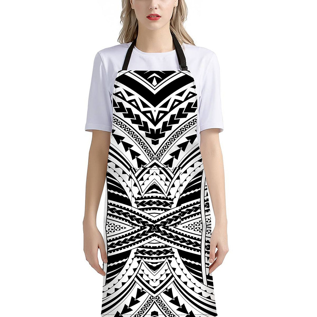 Black And White Maori Tribal Print Bib Apron With Pocket