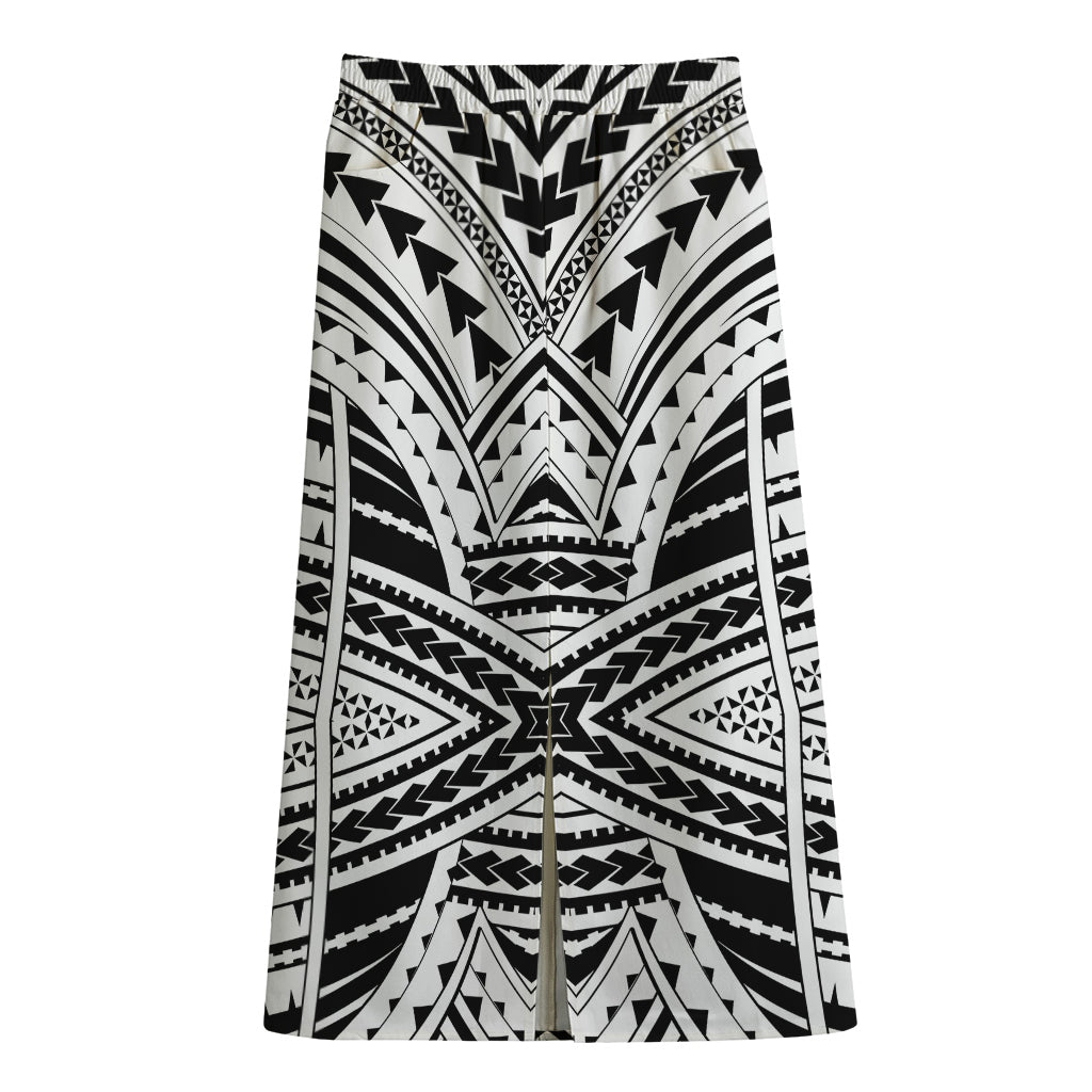 Black And White Maori Tribal Print Cotton Front Slit Maxi Skirt