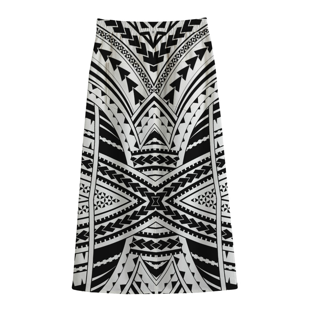 Black And White Maori Tribal Print Cotton Front Slit Maxi Skirt