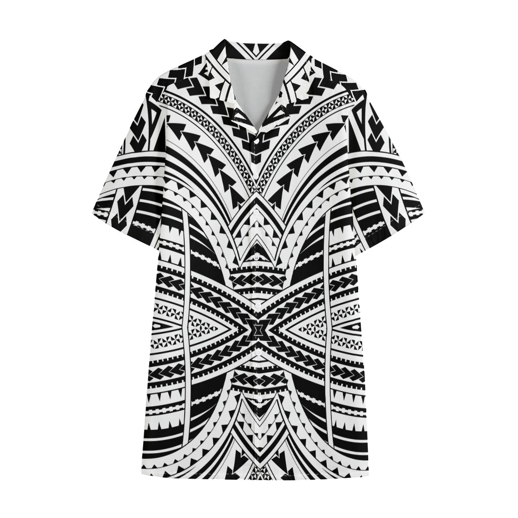 Black And White Maori Tribal Print Cotton Hawaiian Shirt