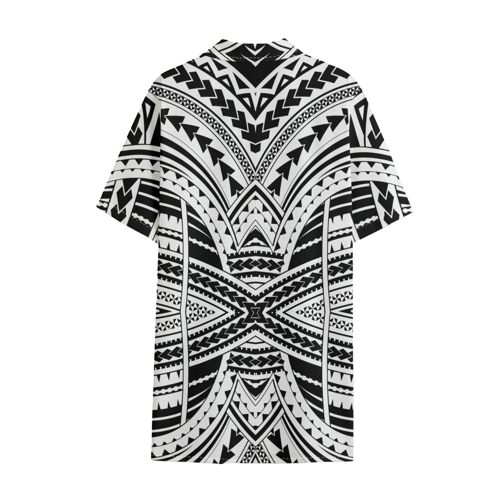 Black And White Maori Tribal Print Cotton Hawaiian Shirt