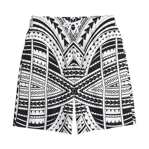 Black And White Maori Tribal Print Cotton Shorts