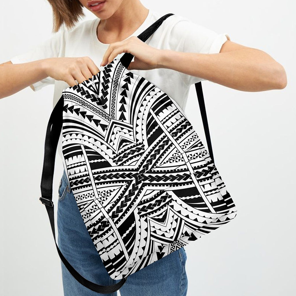 Black And White Maori Tribal Print Drawstring Backpack