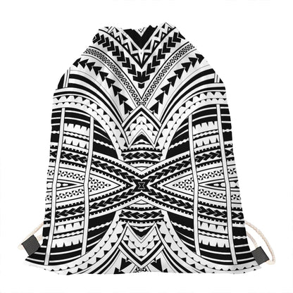 Black And White Maori Tribal Print Drawstring Bag
