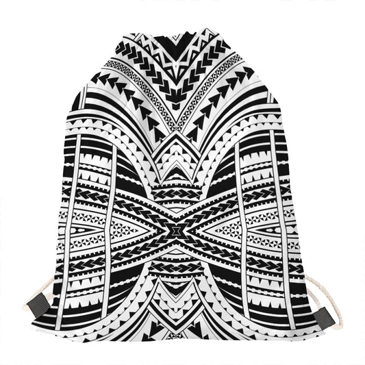 Black And White Maori Tribal Print Drawstring Bag