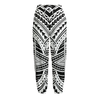 Black And White Maori Tribal Print Fleece Lined Knit Pants