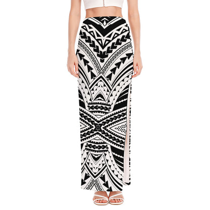 Black And White Maori Tribal Print High Slit Maxi Skirt
